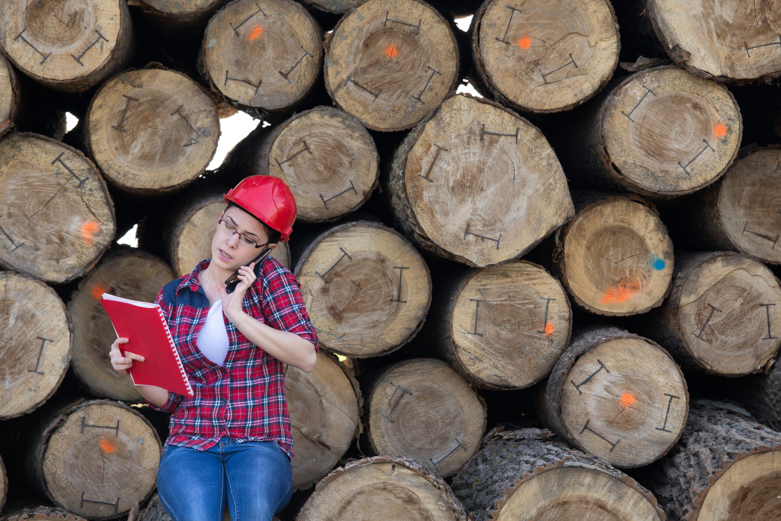 Women in Forestry reviewing a notebook while on a phone call