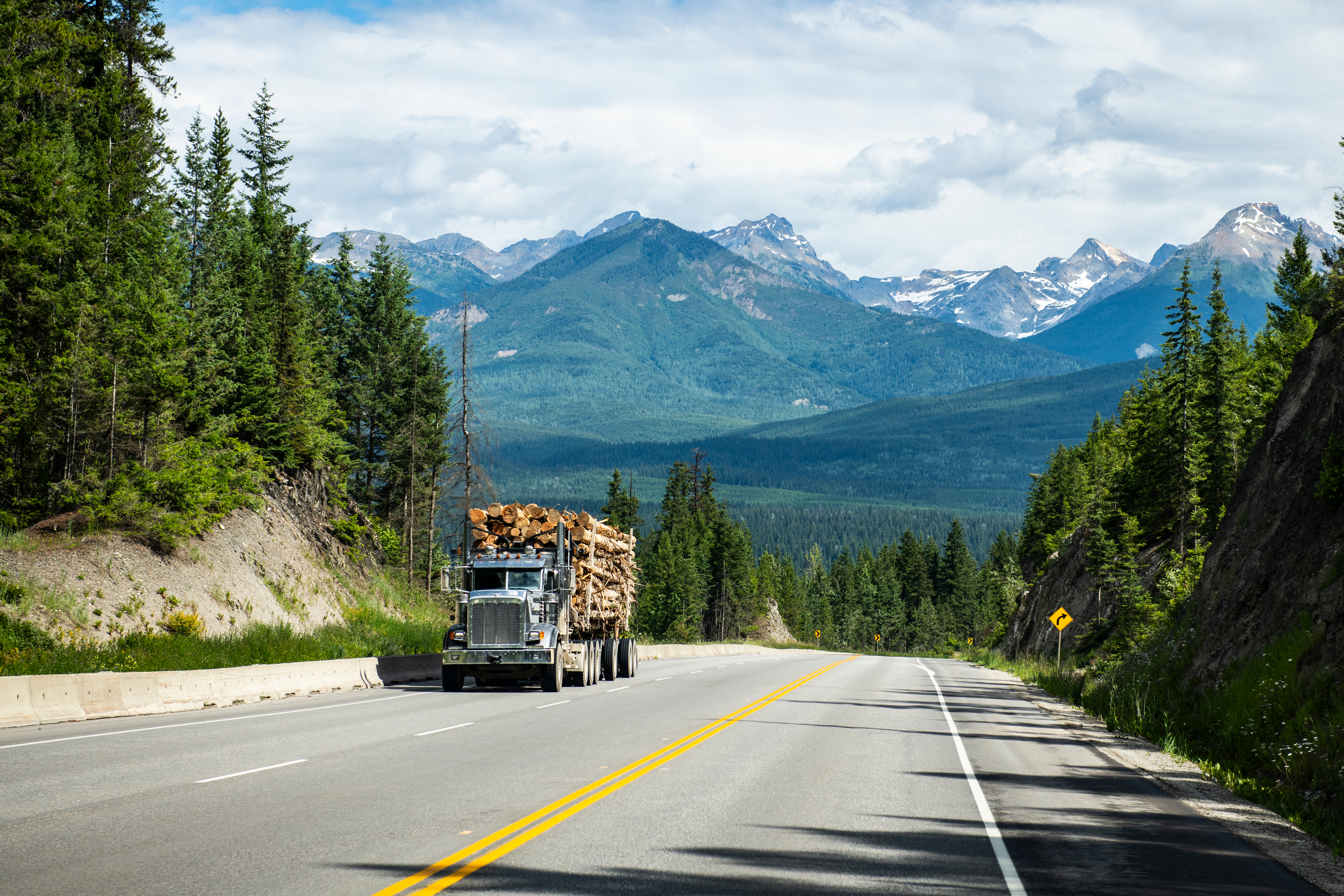Truck driving lumber with mountains in the background